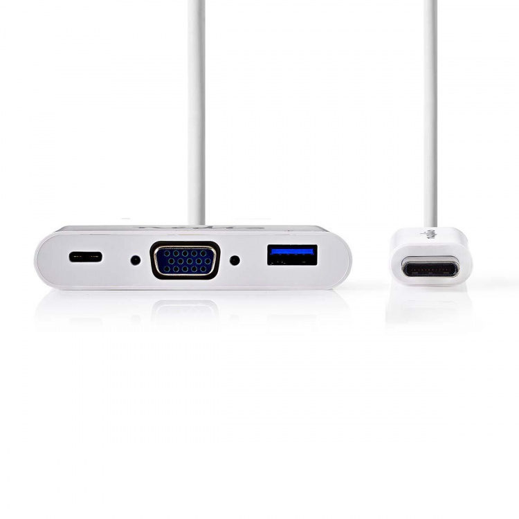 Nedis USB N Moniporttisovitin | 3-in-1 | USB 3.1 | USB-C™ Uros | USB-A Naaras / USB-C™ Naaras / VGA Naaras | 5 Gbps | 0.20 m | Pyöreä | Niklattu | PVC | Valkoinen | Blister