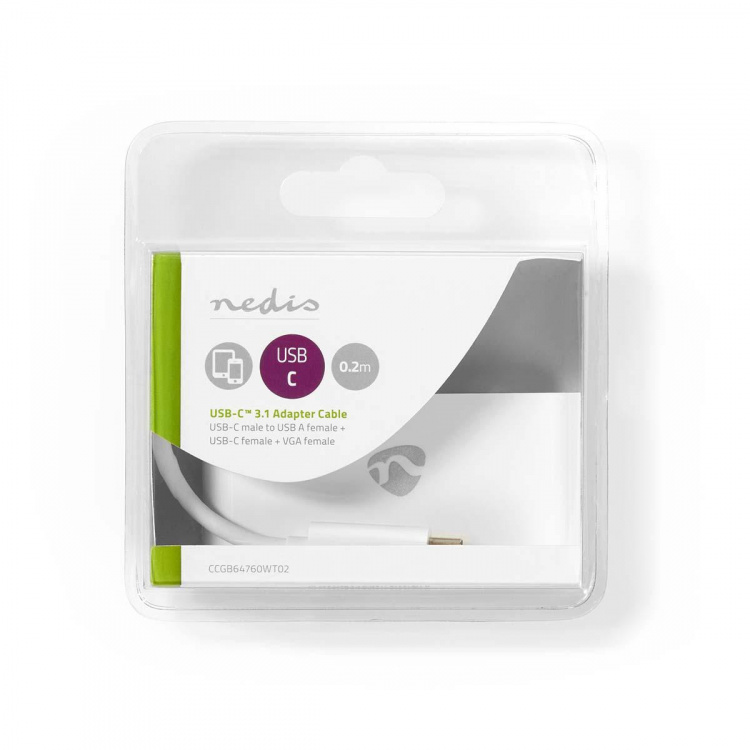 Nedis USB N Moniporttisovitin | 3-in-1 | USB 3.1 | USB-C™ Uros | USB-A Naaras / USB-C™ Naaras / VGA Naaras | 5 Gbps | 0.20 m | Pyöreä | Niklattu | PVC | Valkoinen | Blister