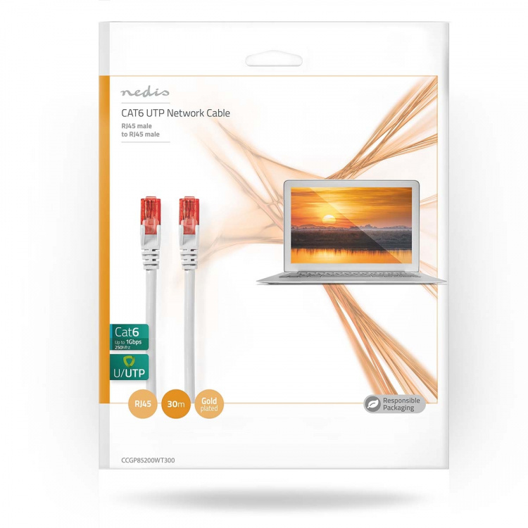 Nedis CAT6 Verkkokaapeli | RJ45 uros | RJ45 uros | U/UTP | 30.0 m | Pyöreä | PVC | Valkoinen | Muovipussi