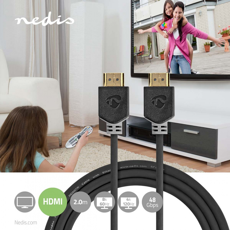 Nedis Ultra High Speed HDMI ™ -kaapeli | HDMI™ liitin | HDMI™ liitin | 8K@60Hz | 48 Gbps | 2.00 m | Pyöreä | 6.5 mm | Antrasiitti | Laatikko Nedis Ultra High Speed HDMI ™ -kaapeli | HDMI™ liitin | HDMI™ liitin | 8K@60Hz | 48 Gbps | 2.00 m | Pyöreä | 6.5 mm | Antrasiitti | Laatikko