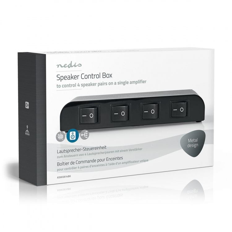 Nedis Kaiuttimen ohjausrasia | 4-Porttinen port(s) | Terminaaliruuvi | Kaiuttimen Impedanssi: 4-16 Ohm | Maksimikuorma per kanava: 200 W | Alumiini | Musta