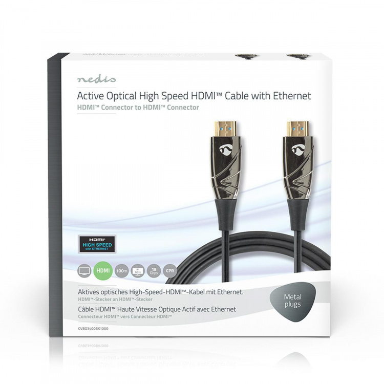 Nedis Aktiivinen Optinen High Speed HDMI-kaapeli, jossa Ethernet | HDMI™ liitin | HDMI™ liitin | 4K@60Hz | 18 Gbps | 100.0 m | Pyöreä | PVC | Musta | Pakkaus