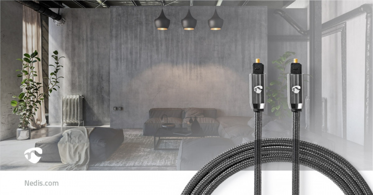 Nedis Optinen Audiokaapeli | TosLink uros | TosLink uros | 1.00 m | Pyöreä | Puuvilla | Gun Metal Harmaa | Laatikko kannella ja ikkunalla