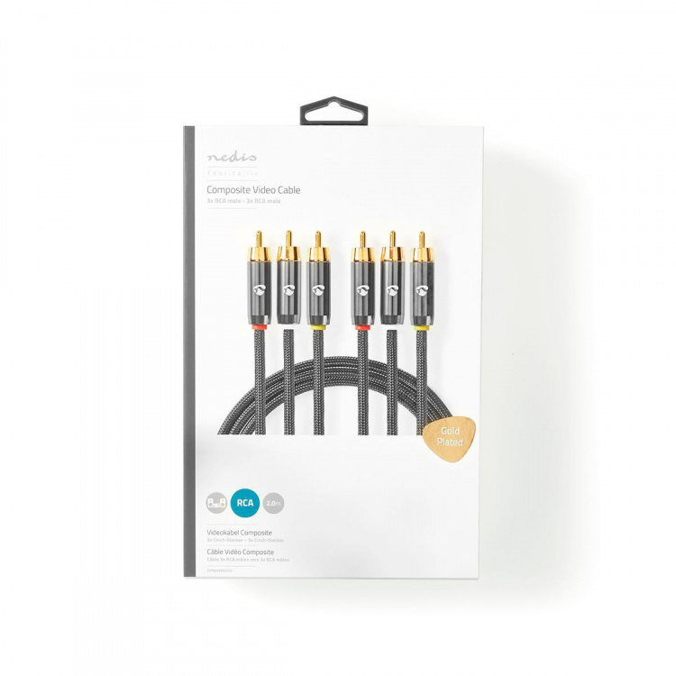 Nedis Komposiittivideokaapeli | 3x RCA uros | 3x RCA uros | Kullattu | 480p | 2.00 m | Pyöreä | Puuvilla | Antrasiitti / Gun Metal Harmaa | Laatikko kannella ja ikkunalla