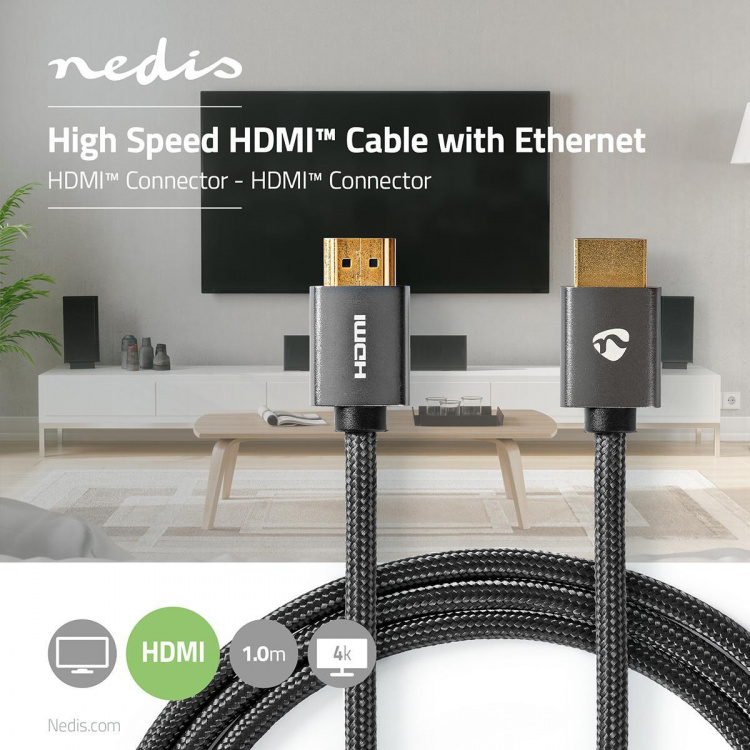 Nedis High Speed HDMI ™ Kaapeli Ethernet | HDMI™ liitin | HDMI™ liitin | 4K@60Hz | ARC | 18 Gbps | 1.00 m | Pyöreä | Puuvilla | Gun Metal Harmaa | Laatikko kannella ja ikkunalla Nedis High Speed HDMI ™ Kaapeli Ethernet | HDMI™ liitin | HDMI™ liitin | 4K@60Hz | ARC | 18 Gbps | 1.00 m | Pyöreä | Puuvilla | Gun Metal Harmaa | Laatikko kannella ja ikkunalla