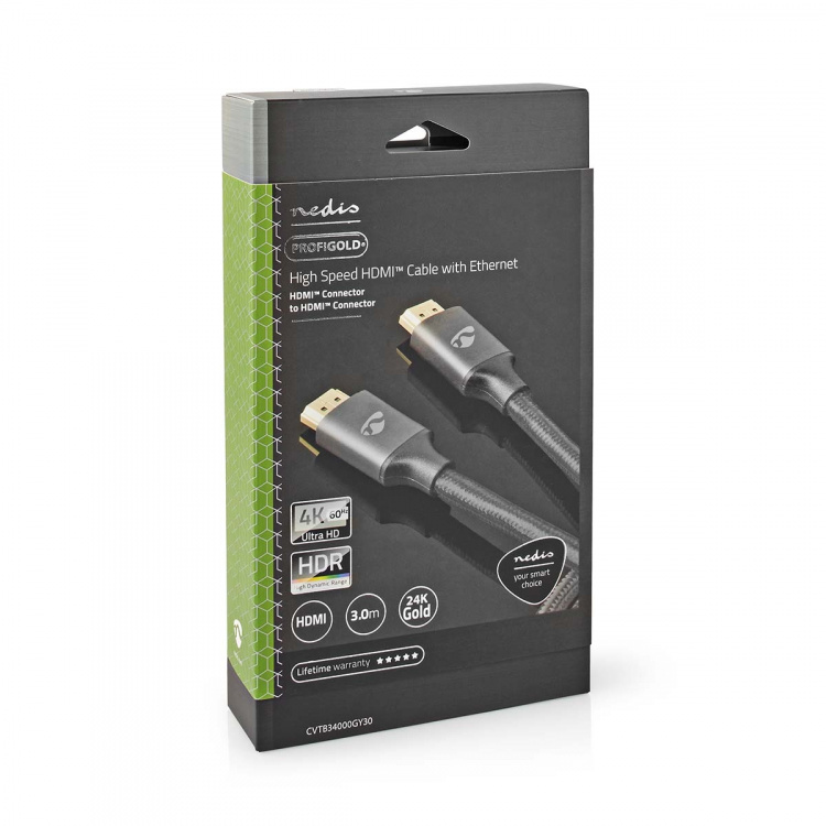 Nedis High Speed ​​HDMI ™ Kaapeli Ethernet | HDMI™ liitin | HDMI™ liitin | 4K@60Hz | ARC | 18 Gbps | 3.00 m | Pyöreä | Puuvilla | Gun Metal Harmaa | Laatikko kannella ja ikkunalla