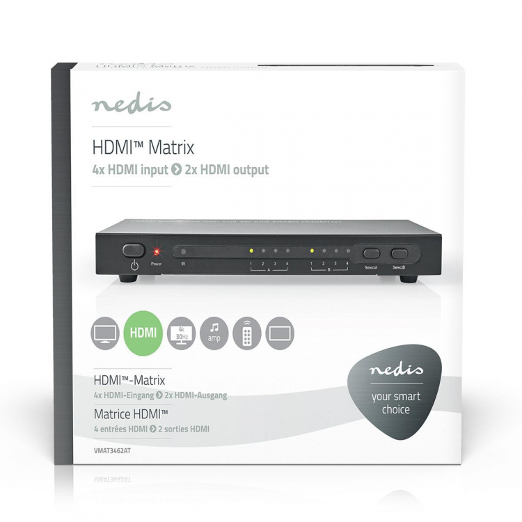 Nedis HDMI ™ Matriisi | 4x 2-Väylää port(s) | 4x HDMI™ Input | 2x HDMI™ Output | 4K@30Hz | 3.4 Gbps | Kauko-ohjattu | Metalli | Antrasiitti