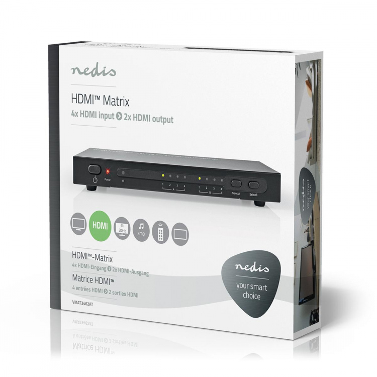 Nedis HDMI ™ Matriisi | 4x 2-Väylää port(s) | 4x HDMI™ Input | 2x HDMI™ Output | 4K@30Hz | 3.4 Gbps | Kauko-ohjattu | Metalli | Antrasiitti