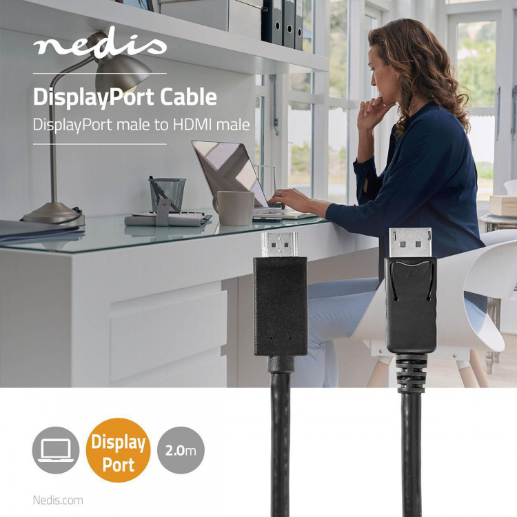 Nedis DisplayPort kaapeli | DisplayPort uros | HDMI™ liitin | 4K@60Hz | Niklattu | 2.00 m | Pyöreä | PVC | Musta | Muovipussi Nedis DisplayPort kaapeli | DisplayPort uros | HDMI™ liitin | 4K@60Hz | Niklattu | 2.00 m | Pyöreä | PVC | Musta | Muovipussi