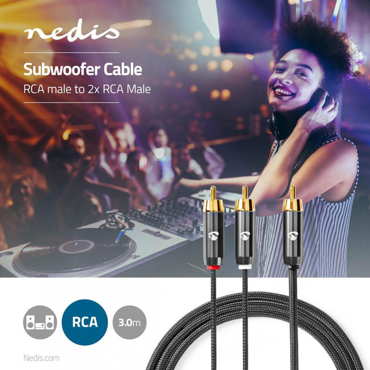 Nedis Subwoofer Kaapeli | RCA Uros | 2x RCA uros | Kullattu | 3.00 m | Pyöreä | 4.5 mm | Gun Metal Harmaa / Harmaa | Laatikko kannella ja ikkunalla