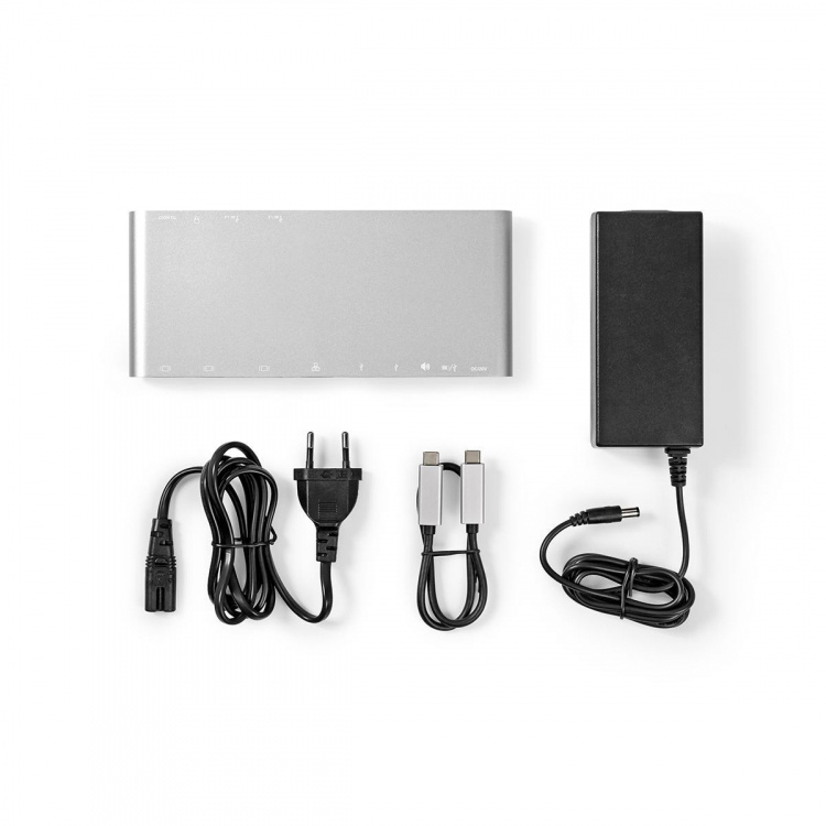 Nedis USB Telakointiasema | USB 3.2 Gen 1 | USB-C™ Uros | DisplayPort Naaras / HDMI™ Ulostulo / RJ45 Naaras / VGA Naaras / 2x 3.5 mm naaras / 2x USB-C™ / 4x USB-A | 0.20 m | Pyöreä | Niklattu | Nailon / Punottu | Valkoinen | Ikkunallinen laatikko ja koukk