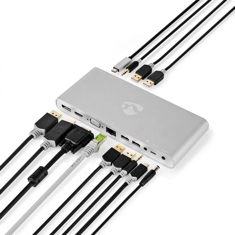 Nedis USB Telakointiasema | USB 3.2 Gen 1 | USB-C™ Uros | DisplayPort Naaras / HDMI™ Ulostulo / RJ45 Naaras / VGA Naaras / 2x 3.5 mm naaras / 2x USB-C™ / 4x USB-A | 0.20 m | Pyöreä | Niklattu | Nailon / Punottu | Valkoinen | Ikkunallinen laatikko ja koukk