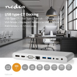 Nedis USB Telakointiasema | USB 3.2 Gen 1 | USB-C™ Uros | DisplayPort Naaras / HDMI™ Ulostulo / RJ45 Naaras / VGA Naaras / 2x 3.5 mm naaras / 2x USB-C™ / 4x USB-A | 0.20 m | Pyöreä | Niklattu | Nailon / Punottu | Valkoinen | Ikkunallinen laatikko ja koukk