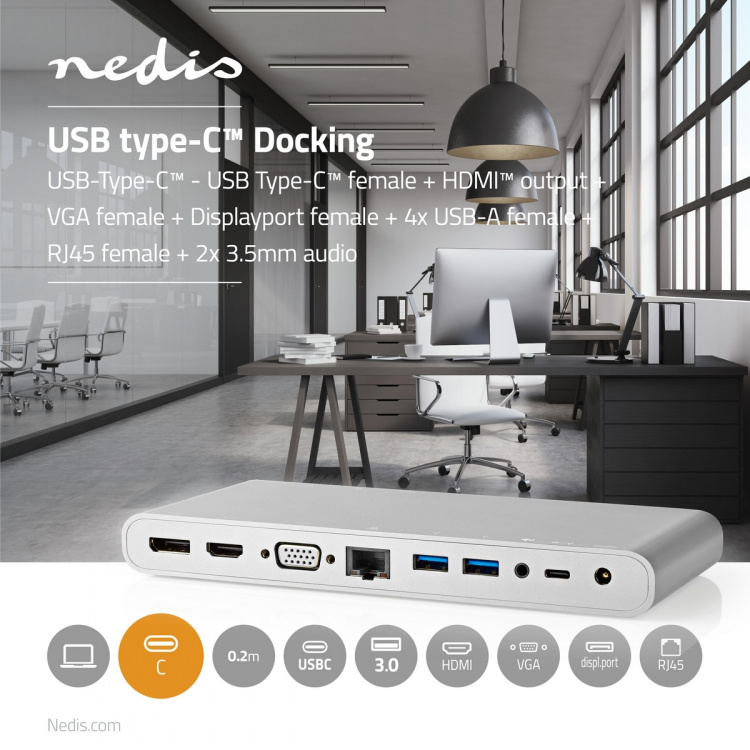 Nedis USB Telakointiasema | USB 3.2 Gen 1 | USB-C™ Uros | DisplayPort Naaras / HDMI™ Ulostulo / RJ45 Naaras / VGA Naaras / 2x 3.5 mm naaras / 2x USB-C™ / 4x USB-A | 0.20 m | Pyöreä | Niklattu | Nailon / Punottu | Valkoinen | Ikkunallinen laatikko ja koukk