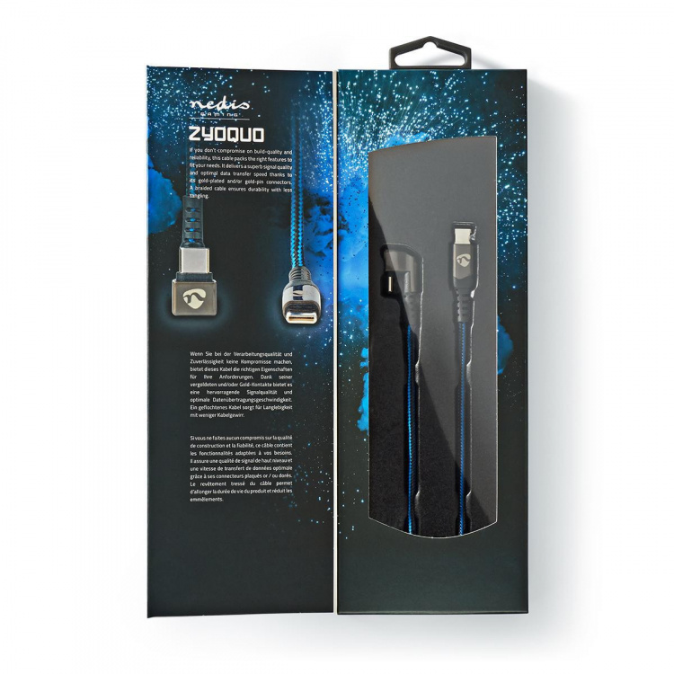 Nedis USB kaapeli | USB 2.0 | USB-C™ Uros | USB-C™ Uros | 480 Mbps | Kullattu | 2.00 m | Pyöreä | Nailon / Punottu | Musta / Sininen | Laatikko kannella ja ikkunalla