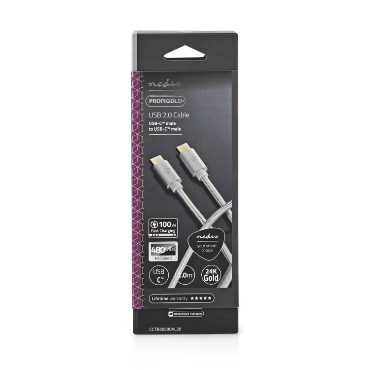 Nedis USB kaapeli | USB 2.0 | USB-C™ Uros | USB-C™ Uros | 100 W | 480 Mbps | Kullattu | 2.00 m | Pyöreä | Nailon / Punottu | Hopea | Laatikko kannella ja ikkunalla