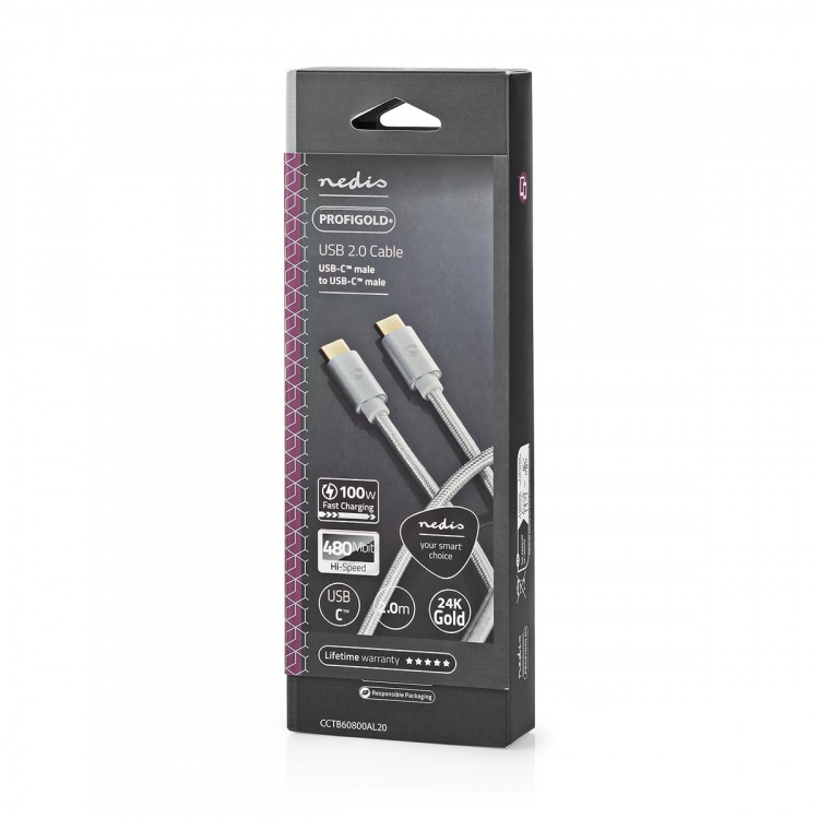 Nedis USB kaapeli | USB 2.0 | USB-C™ Uros | USB-C™ Uros | 100 W | 480 Mbps | Kullattu | 2.00 m | Pyöreä | Nailon / Punottu | Hopea | Laatikko kannella ja ikkunalla