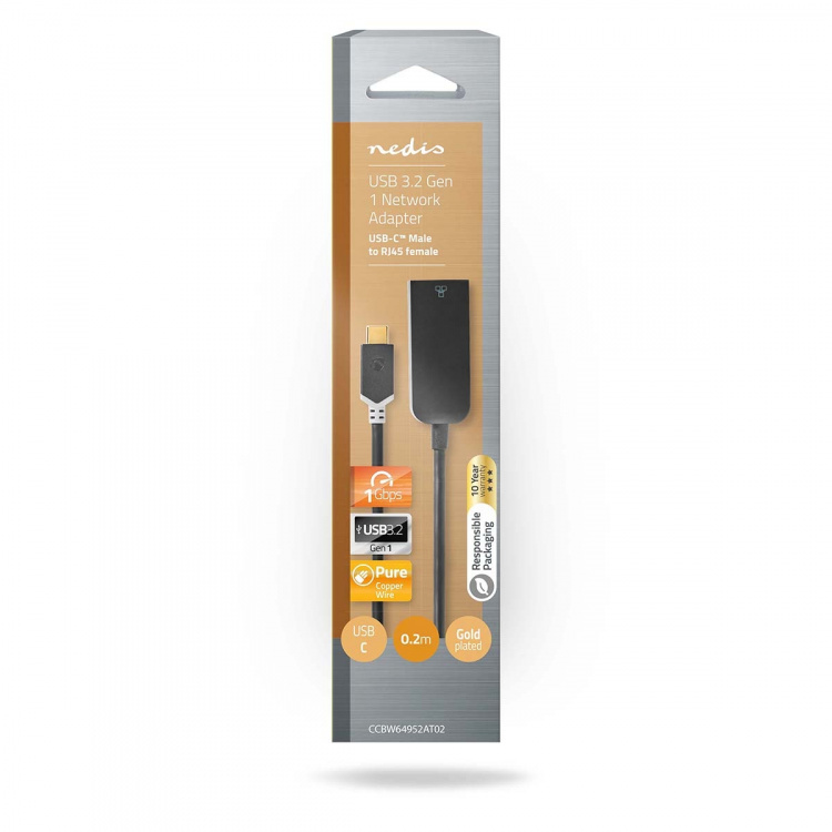 Nedis USB-verkkosovitin | USB 3.2 Gen 1 | 1000 Mbps | USB-C™ Uros | RJ45 Naaras | 0.20 m | Pyöreä | Kullattu | Tinattu Kupari | Antrasiitti | Laatikko