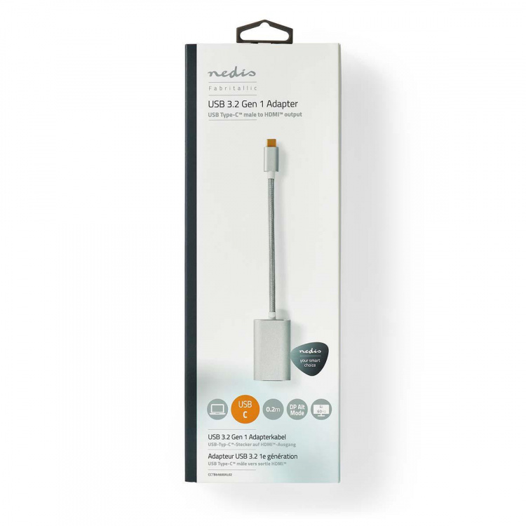 Nedis USB-C™ Sovitin | USB 3.2 Gen 1 | USB-C™ Uros | HDMI™ Ulostulo | 4K@60Hz | Power delivery | 0.20 m | Pyöreä | Kullattu | Nailon / Punottu | Hopea | Laatikko kannella ja ikkunalla