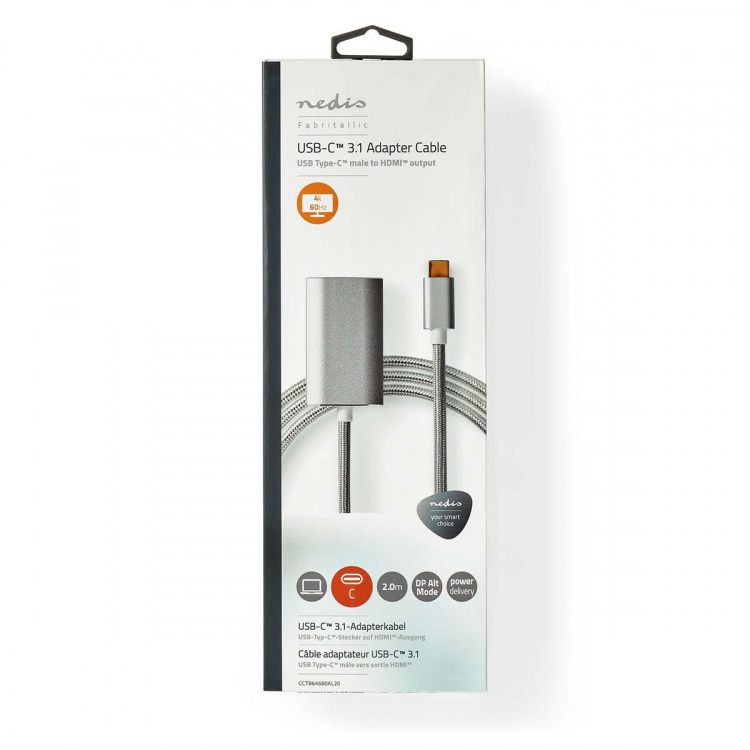 Nedis USB-C™ Sovitin | USB 3.2 Gen 1 | USB-C™ Uros | HDMI™ Ulostulo | 4K@60Hz | Power delivery | 2.00 m | Pyöreä | Kullattu | Nailon / Punottu | Hopea | Laatikko kannella ja ikkunalla