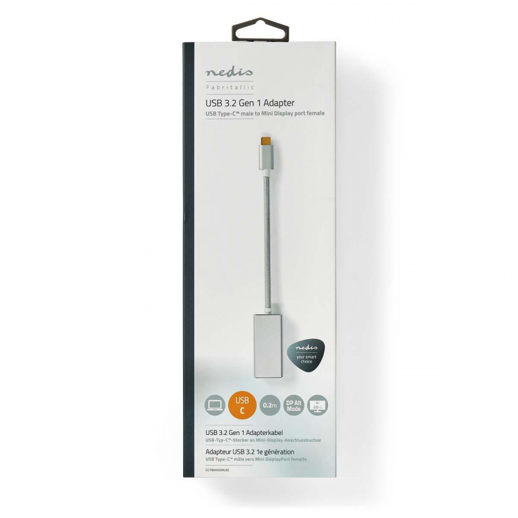 Nedis USB-C™ Sovitin | USB 3.2 Gen 1 | USB-C™ Uros | Mini DisplayPort Naaras | 0.20 m | Pyöreä | Kullattu | Nailon / Punottu | Hopea | Laatikko kannella ja ikkunalla
