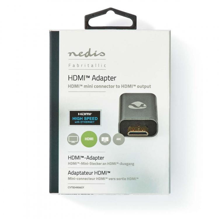 Nedis HDMI™ -sovitin | HDMI™ Mini / HDMI™ uros | HDMI™ Ulostulo | Kullattu | Suora | Alumiini | Gun Metal Harmaa | 1 kpl | Laatikko kannella ja ikkunalla