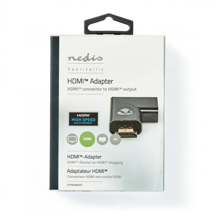 Nedis HDMI™ -sovitin | HDMI™ liitin / HDMI™ uros | HDMI™ Ulostulo | Kullattu | Kulma oikealle | Alumiini | Gun Metal Harmaa | 1 kpl | Laatikko kannella ja ikkunalla