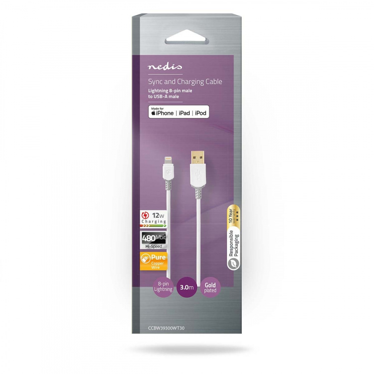 Nedis Lightning Kaapeli | USB 2.0 | Apple Lightning 8-Pin | USB-A Uros | 480 Mbps | Kullattu | 3.00 m | Pyöreä | PVC | Harmaa / Valkoinen | Laatikko