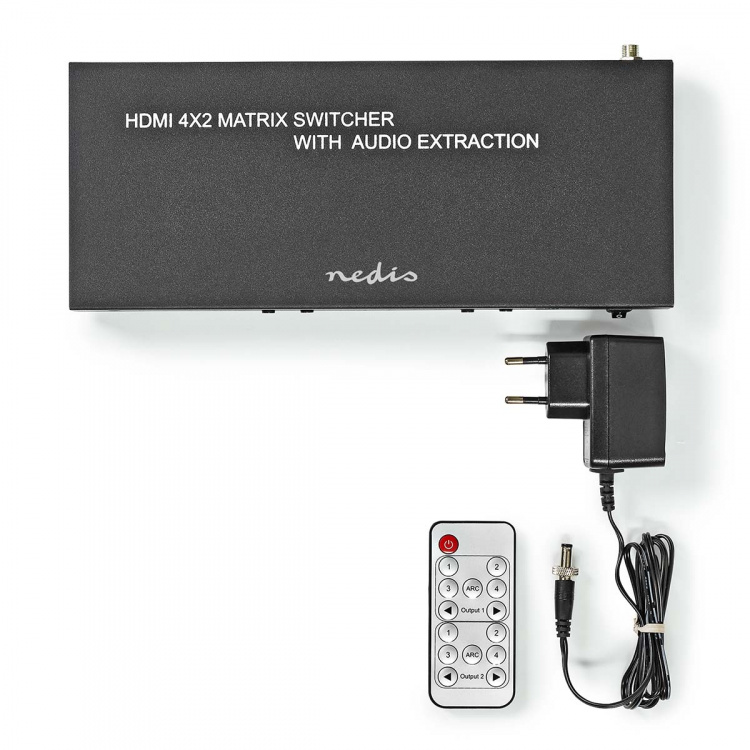 Nedis HDMI ™ Matriisi | 4x 2-Väylää port(s) | 4x HDMI™ Input | 2x 3.5 mm / 2x HDMI™ Output / 2x TosLink | 4K@60Hz | 18 Gbps | Kauko-ohjattu | Metalli | Antrasiitti Nedis HDMI ™ Matriisi | 4x 2-Väylää port(s) | 4x HDMI™ Input | 2x 3.5 mm / 2x HDMI™ Output / 2x TosLink | 4K@60Hz | 18 Gbps | Kauko-ohjattu | Metalli | Antrasiitti