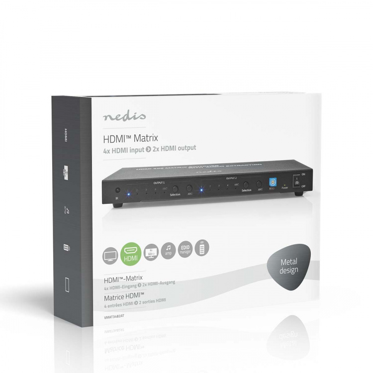 Nedis HDMI ™ Matriisi | 4x 2-Väylää port(s) | 4x HDMI™ Input | 2x 3.5 mm / 2x HDMI™ Output / 2x TosLink | 4K@60Hz | 18 Gbps | Kauko-ohjattu | Metalli | Antrasiitti Nedis HDMI ™ Matriisi | 4x 2-Väylää port(s) | 4x HDMI™ Input | 2x 3.5 mm / 2x HDMI™ Output / 2x TosLink | 4K@60Hz | 18 Gbps | Kauko-ohjattu | Metalli | Antrasiitti