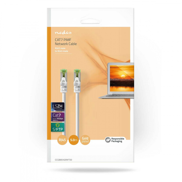 Nedis CAT7 verkkokaapeli | S/FTP | RJ45 uros | RJ45 uros | 5.00 m | Snagless | Pyöreä | LSZH | Valkoinen | Laatikko Nedis CAT7 verkkokaapeli | S/FTP | RJ45 uros | RJ45 uros | 5.00 m | Snagless | Pyöreä | LSZH | Valkoinen | Laatikko