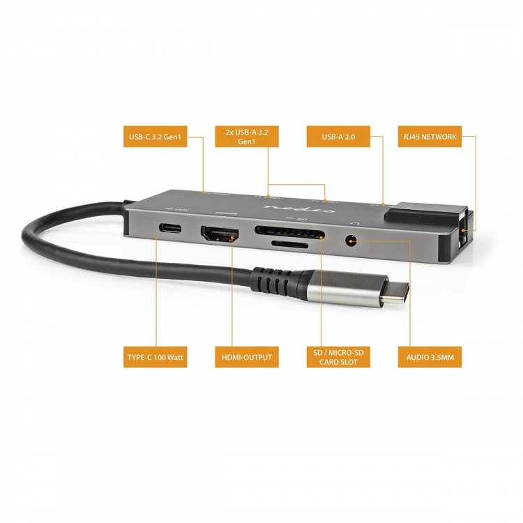 Nedis USB N Moniporttisovitin | 10-in-1 | USB 3.2 Gen 1 | USB-C™ Uros | HDMI™ Ulostulo / RJ45 Naaras / SD / 2x USB-C™ / 3.5 mm naaras / 3x USB-A Naaras | 5 Gbps | 0.20 m | Pyöreä | Kullattu | PVC | Antrasiitti | Laatikko Nedis USB N Moniporttisovitin | 10-in-1 | USB 3.2 Gen 1 | USB-C™ Uros | HDMI™ Ulostulo / RJ45 Naaras / SD / 2x USB-C™ / 3.5 mm naaras / 3x USB-A Naaras | 5 Gbps | 0.20 m | Pyöreä | Kullattu | PVC | Antrasiitti | Laatikko
