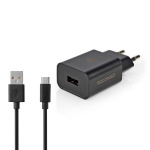 Nedis Seinälaturi | 12 W | Pikalataus-toiminto | 1x 2.4 A A | Lähtöliitäntöjen määrä: 1 | USB-A | USB Type-C™ (irrallinen) Kaapeli | 1.00 m | Single Voltage Output | Musta