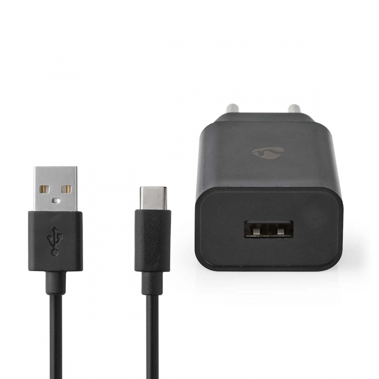 Nedis Seinälaturi | 12 W | Pikalataus-toiminto | 1x 2.4 A A | Lähtöliitäntöjen määrä: 1 | USB-A | USB Type-C™ (irrallinen) Kaapeli | 1.00 m | Single Voltage Output | Musta