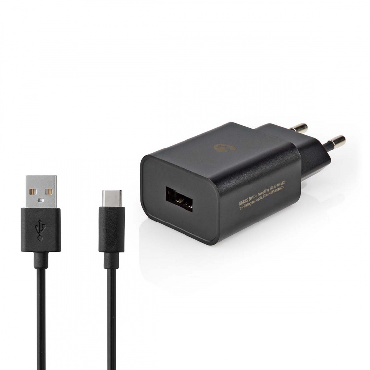 Nedis Seinälaturi | 12 W | Pikalataus-toiminto | 1x 2.4 A A | Lähtöliitäntöjen määrä: 1 | USB-A | USB Type-C™ (irrallinen) Kaapeli | 1.00 m | Single Voltage Output | Musta