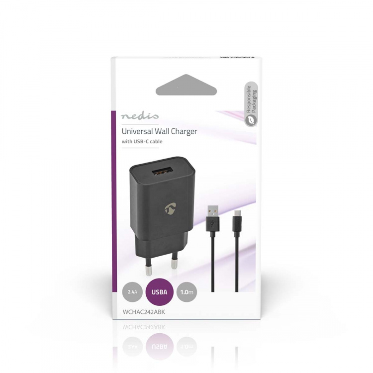Nedis Seinälaturi | 12 W | Pikalataus-toiminto | 1x 2.4 A A | Lähtöliitäntöjen määrä: 1 | USB-A | USB Type-C™ (irrallinen) Kaapeli | 1.00 m | Single Voltage Output | Musta