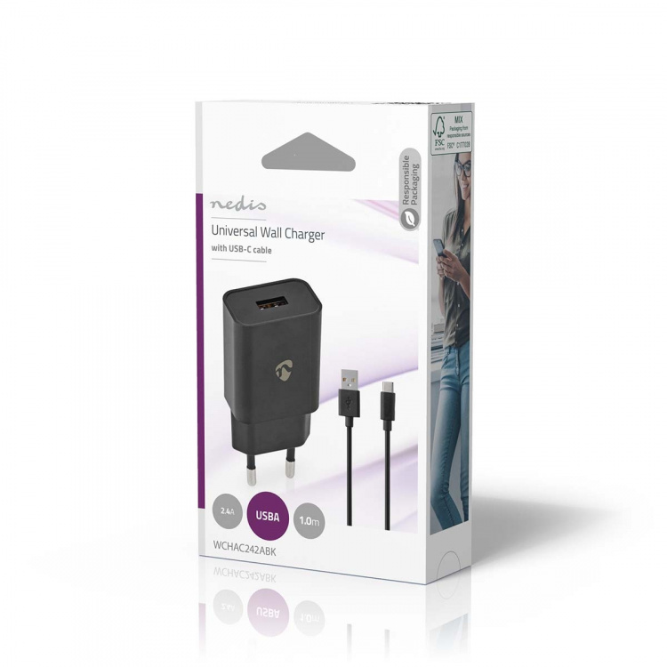 Nedis Seinälaturi | 12 W | Pikalataus-toiminto | 1x 2.4 A A | Lähtöliitäntöjen määrä: 1 | USB-A | USB Type-C™ (irrallinen) Kaapeli | 1.00 m | Single Voltage Output | Musta