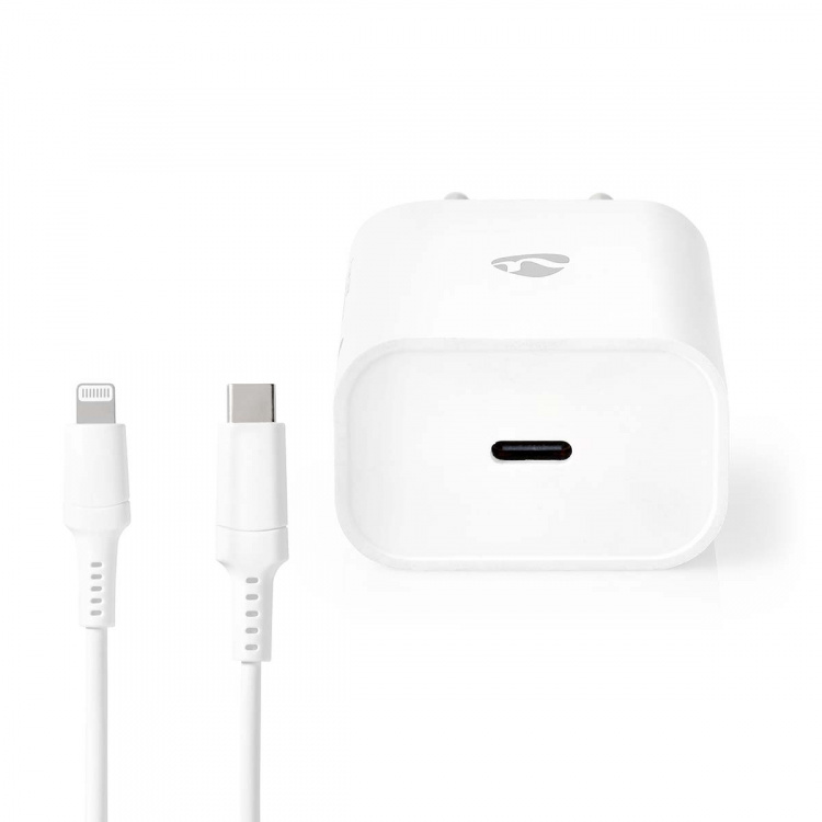 Nedis Seinälaturi | 20 W | PD3.0 20W | Pikalataus-toiminto | 1.67 A / 2.22 A / 3.0 A | Lähtöliitäntöjen määrä: 1 | USB-C™ | Lightning 8-Pin (irrallinen) Kaapeli | 1.00 m | Automaattinen Jännitteen Valinta | Valkoinen