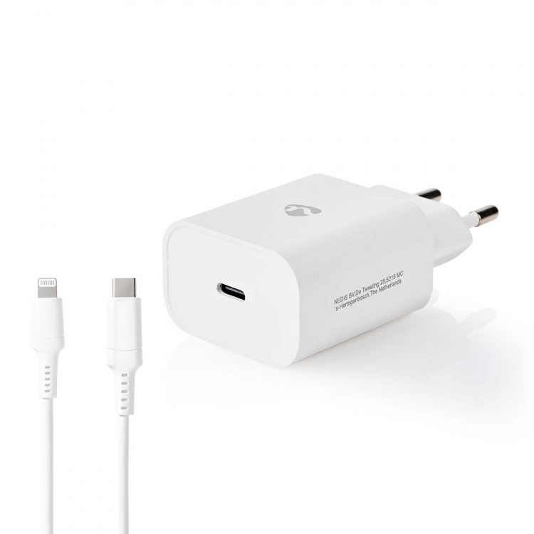 Nedis Seinälaturi | 20 W | PD3.0 20W | Pikalataus-toiminto | 1.67 A / 2.22 A / 3.0 A | Lähtöliitäntöjen määrä: 1 | USB-C™ | Lightning 8-Pin (irrallinen) Kaapeli | 1.00 m | Automaattinen Jännitteen Valinta | Valkoinen