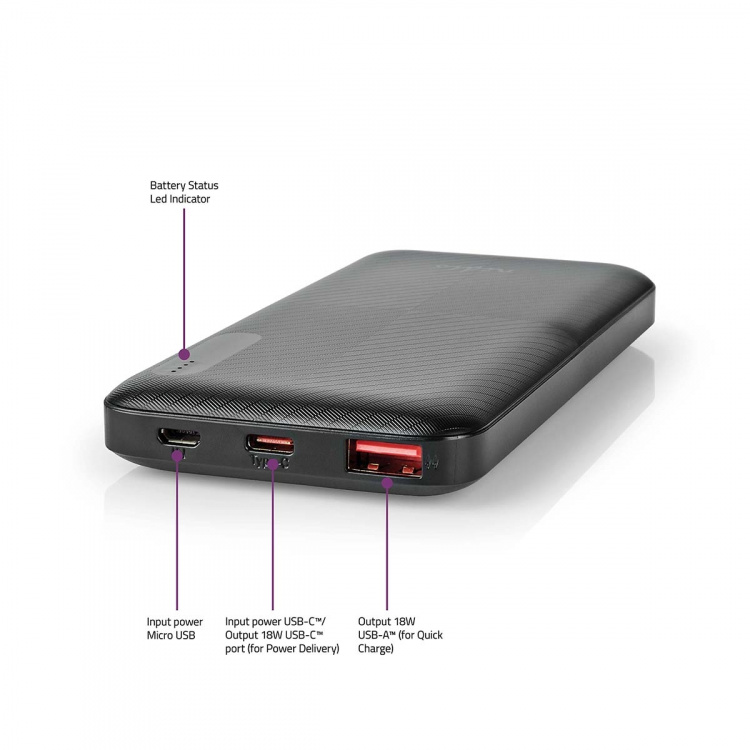 Nedis Virtapankki | 10000 mAh | 1.5 / 2.0 / 3.0 A | Lähtöliitäntöjen määrä: 2 | Lähtöliitäntä: 1x USB-A / 1x USB-C™ | Sisääntulon liitäntä: 1x Micro USB / 1x USB-C™ | PD2.0 18W | Litium-Polymeeri Nedis Virtapankki | 10000 mAh | 1.5 / 2.0 / 3.0 A | Lähtöliitäntöjen määrä: 2 | Lähtöliitäntä: 1x USB-A / 1x USB-C™ | Sisääntulon liitäntä: 1x Micro USB / 1x USB-C™ | PD2.0 18W | Litium-Polymeeri