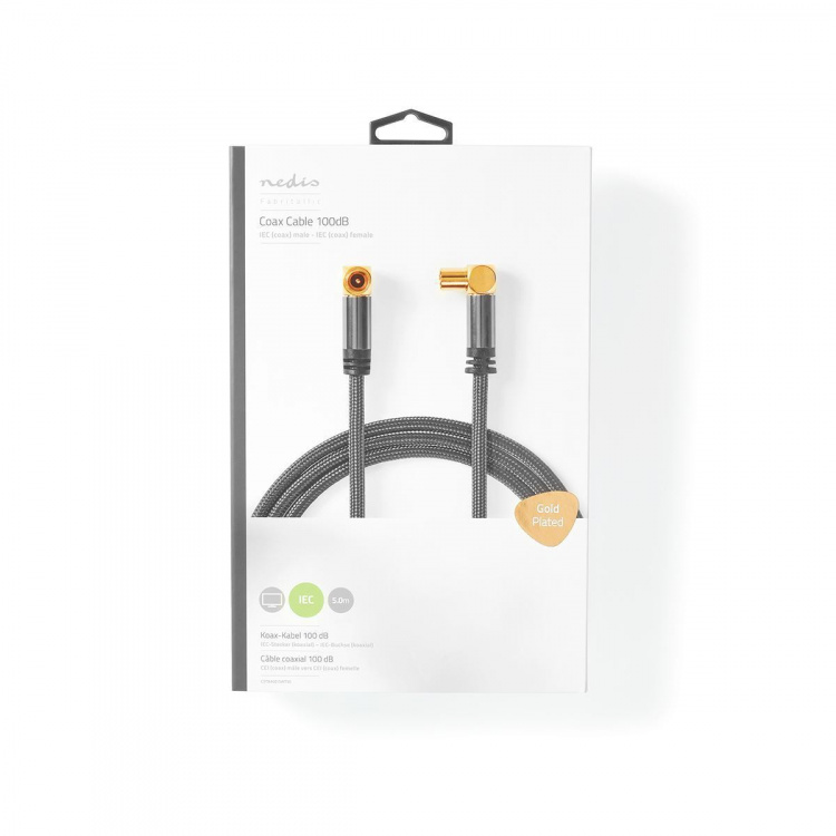 Nedis Koaksiaalikaapeli | IEC (Coax) Uros | IEC (Coax) Naaras | Kullattu | 75 Ohm | Nelinkertainen suojaus | 5.00 m | Pyöreä | Puuvilla | Gun Metal Harmaa / Harmaa | Laatikko kannella ja ikkunalla