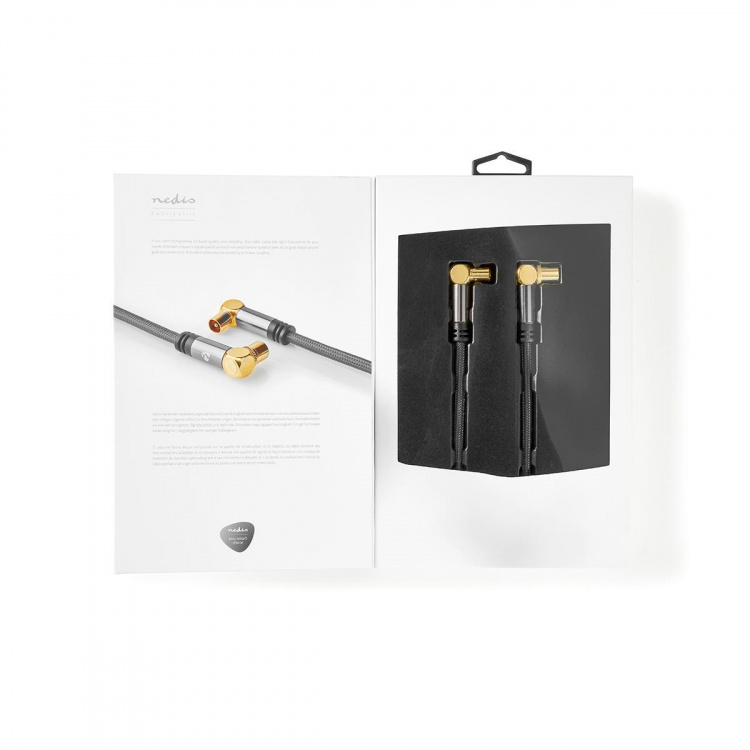 Nedis Koaksiaalikaapeli | IEC (Coax) Uros | IEC (Coax) Naaras | Kullattu | 75 Ohm | Nelinkertainen suojaus | 5.00 m | Pyöreä | Puuvilla | Gun Metal Harmaa / Harmaa | Laatikko kannella ja ikkunalla