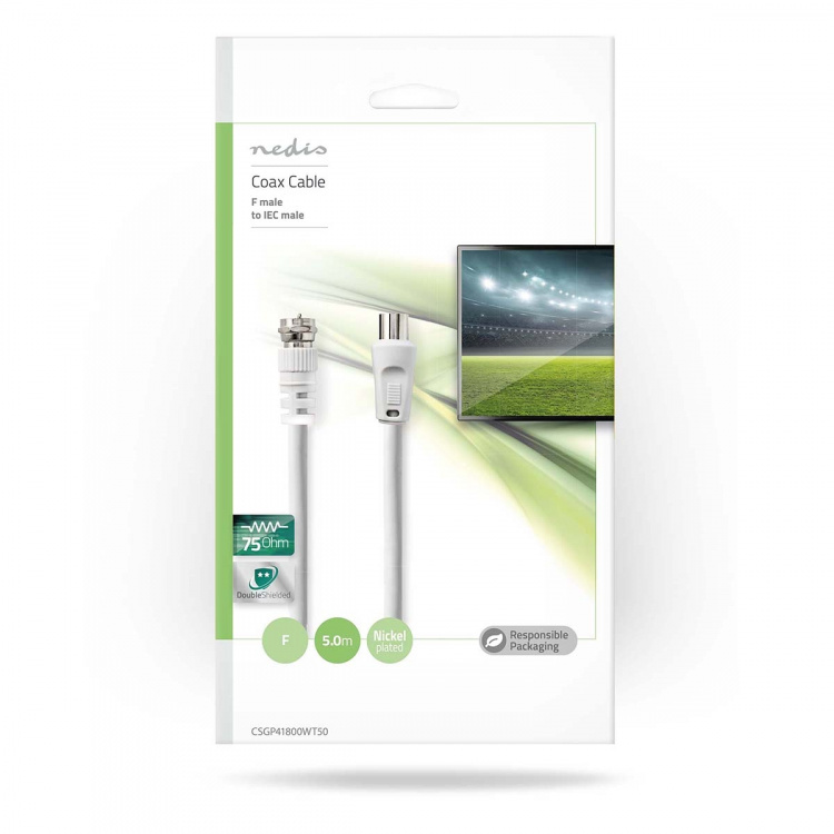 Nedis Satelliitti- ja Antennikaapeli | F uros | IEC (Coax) Uros | Niklattu | 30 dB | 75 Ohm | Tuplasuojattu | 5.00 m | Pyöreä | PVC | Valkoinen | Kirjekuori Nedis Satelliitti- ja Antennikaapeli | F uros | IEC (Coax) Uros | Niklattu | 30 dB | 75 Ohm | Tuplasuojattu | 5.00 m | Pyöreä | PVC | Valkoinen | Kirjekuori