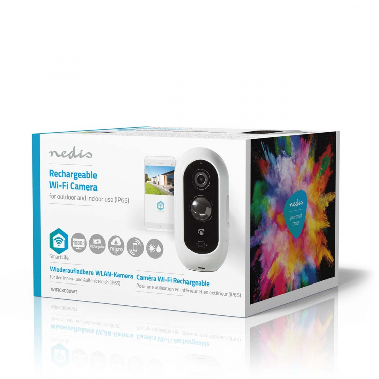 Nedis SmartLife Ulkokamera | Full HD 1080p | IP65 | Maks. akunkesto: 6 Kuukautta | MicroSD (ei sisälly) / Pilvipalvelutallennus (valinnainen) | 5 V DC | Liiketunnistimella | Yökuvaus | Valkoinen