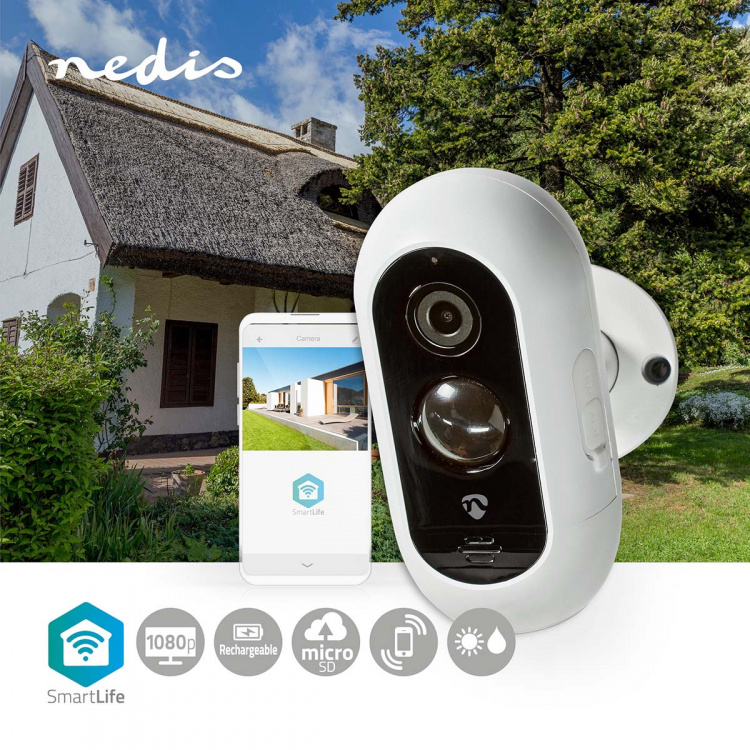 Nedis SmartLife Ulkokamera | Full HD 1080p | IP65 | Maks. akunkesto: 6 Kuukautta | MicroSD (ei sisälly) / Pilvipalvelutallennus (valinnainen) | 5 V DC | Liiketunnistimella | Yökuvaus | Valkoinen