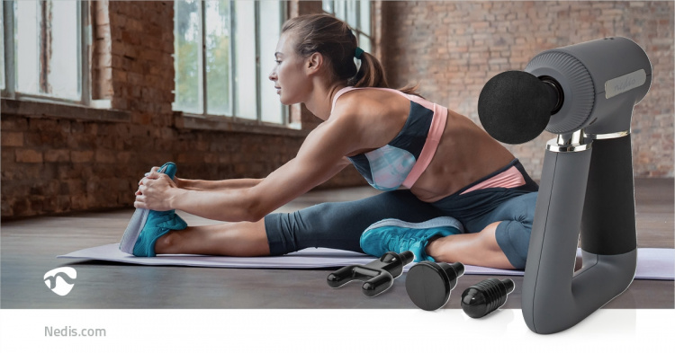 Nedis Urheiluhierontapistooli | Paristokäyttöinen | N/A | Ladattava | 6 hierontatilaa | USB kaapeli | Harmaa