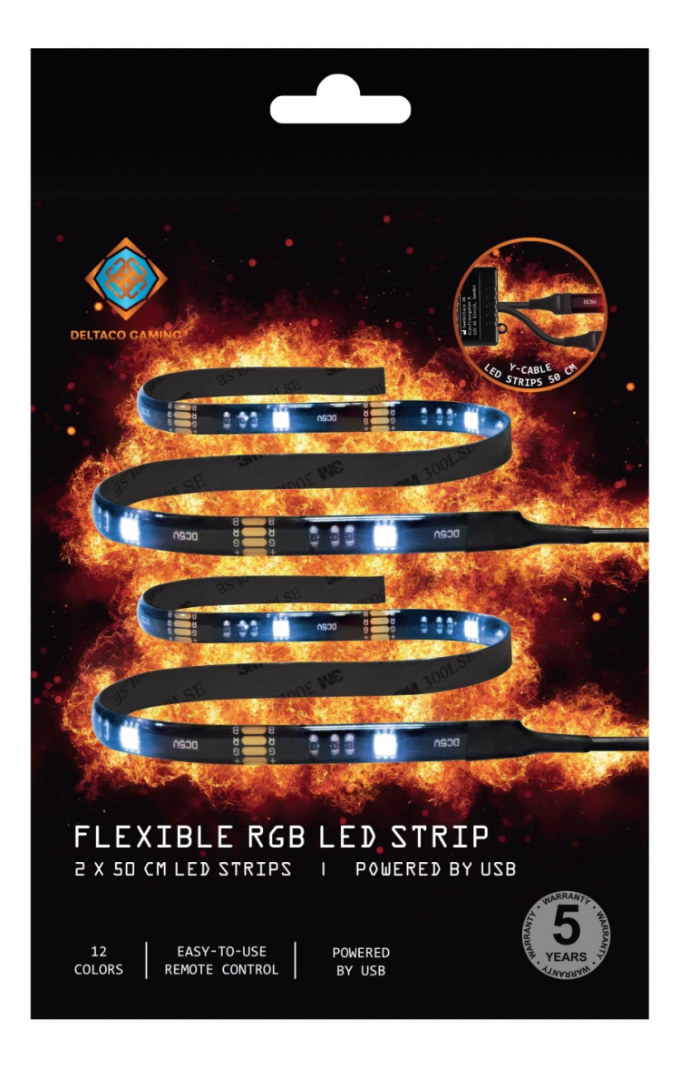 DELTACO GAMING LED-lista, 2x50cm,12 eri väriä, RGB, kaukosäädin, USB