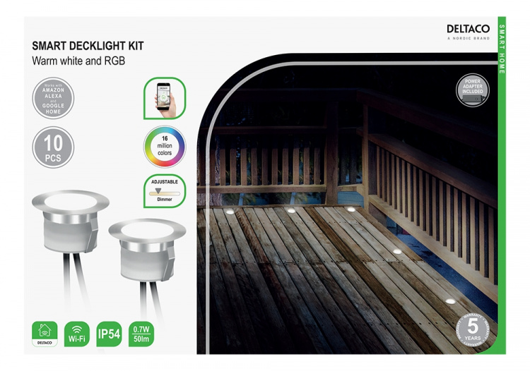 DELTACO SMART HOME SH-DLK01, smart altanbelysning, RGB & varmvitt