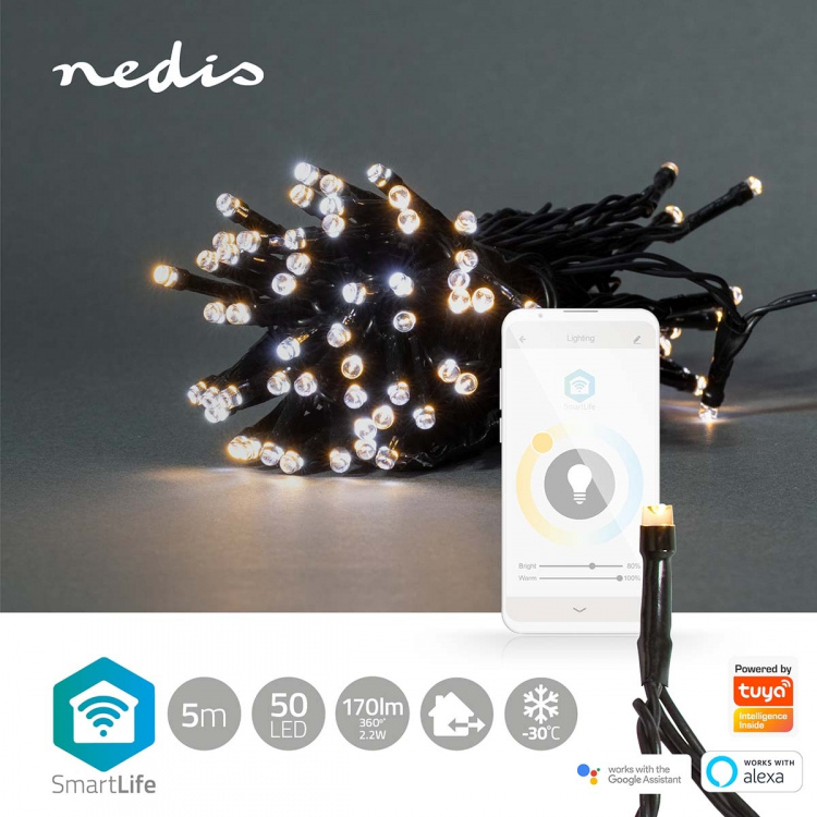 Nedis SmartLife Jouluvalot | Nauha | Wi-Fi | Lämpimästä kylmään valkoiseen | 50 LED\'s | 5.00 m | Android™ / IOS