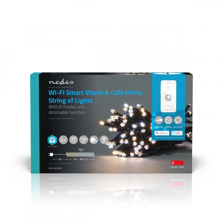 Nedis SmartLife Jouluvalot | Nauha | Wi-Fi | Lämpimästä kylmään valkoiseen | 50 LED\'s | 5.00 m | Android™ / IOS